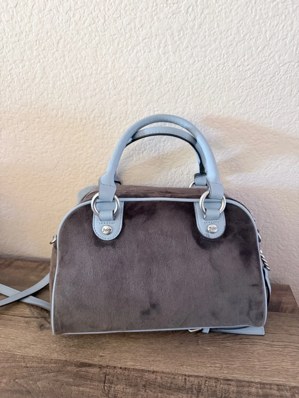 Juicy Couture Light Blue & Brown Velvet love chapter Satchel day dreamer bag